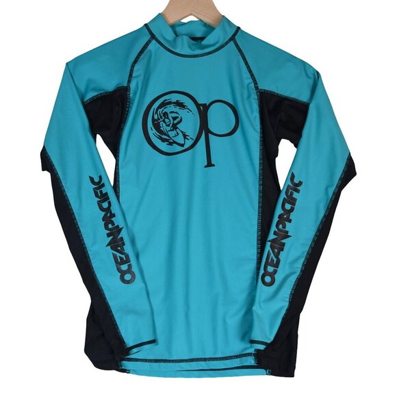 OP Ocean Pacific Surf Shirt Retro S Teal Black Long Sleeve Rashguard Swim Top - Picture 1 of 6